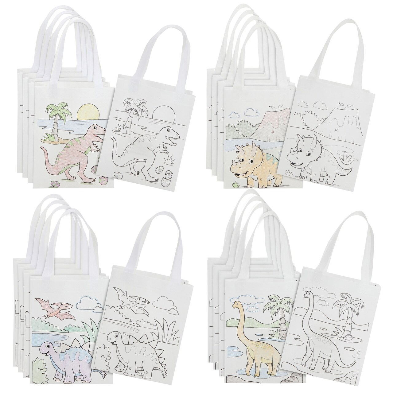 Reusable Coloring Goodie Bags with Handles, Tote Bag for Kids Dinosaur Birthday Party Favors (8x10 In, 20 Pack)